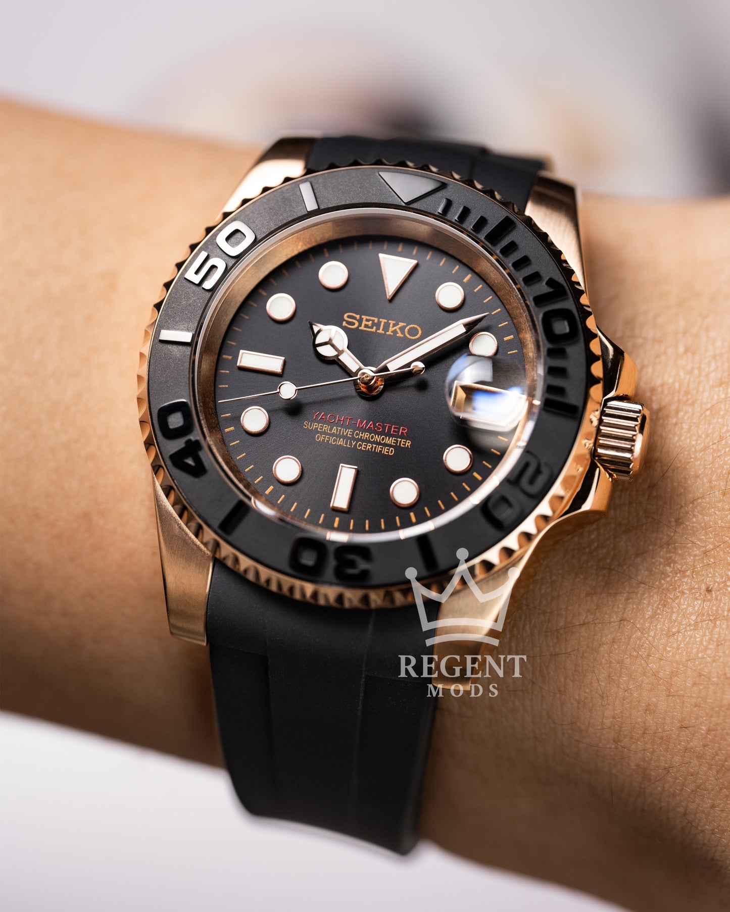 Seiko Mod Rose Gold Yacht Master Homage On Wrist Black Dial With Black Bezel And Black Rubber Strap