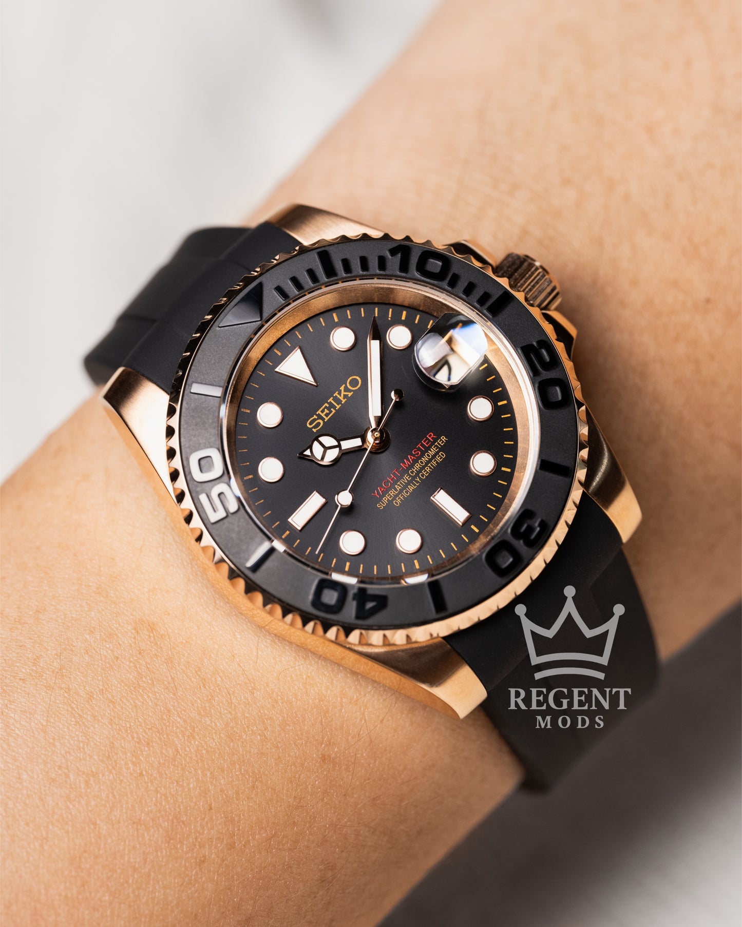 Seiko Mod Rose Gold Yacht Master Homage On Wrist Black Dial With Black Bezel And Black Rubber Strap