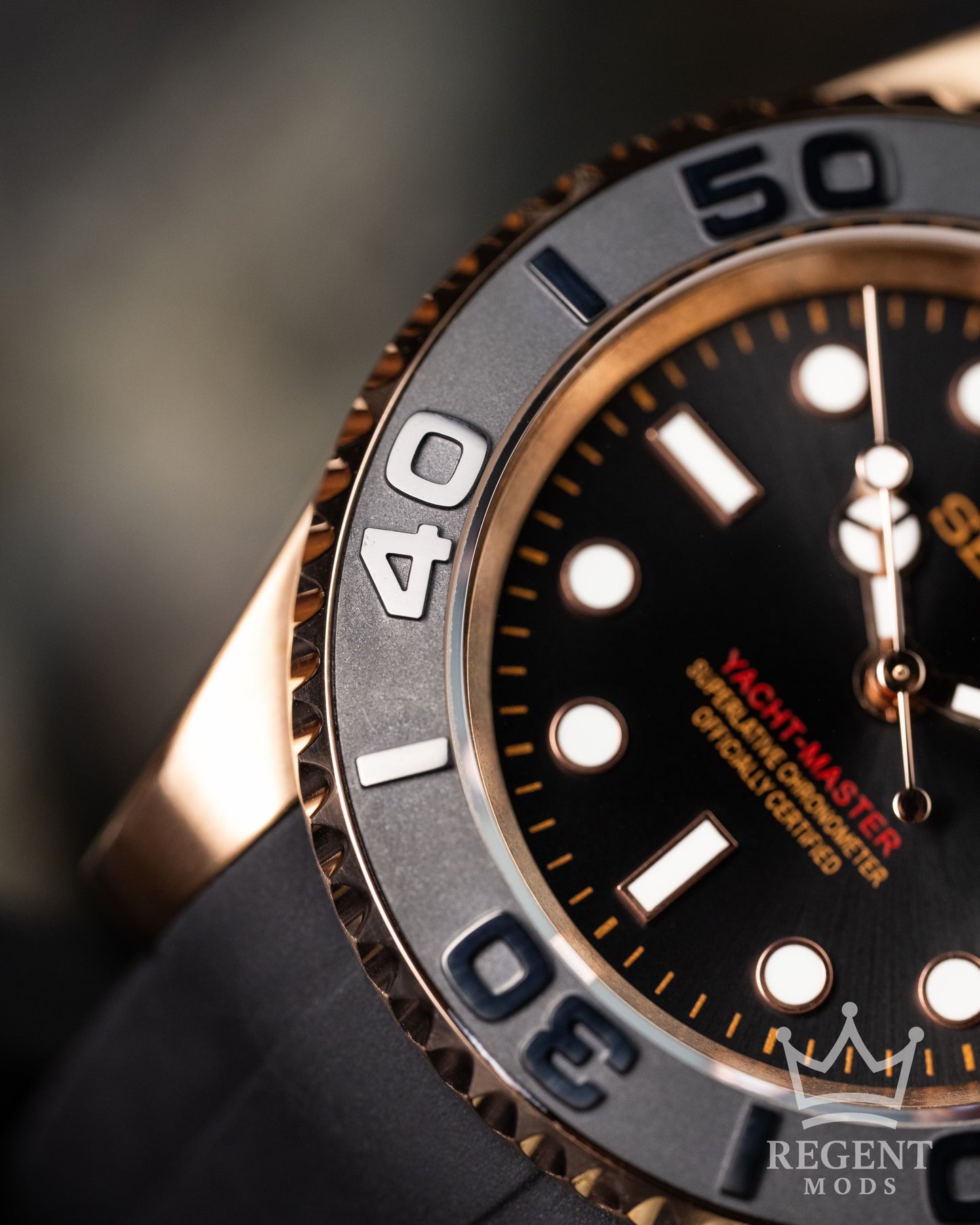 Seiko Mod Rose Gold Yacht Master Homage Black Dial Dive Watch With Cyclops Date