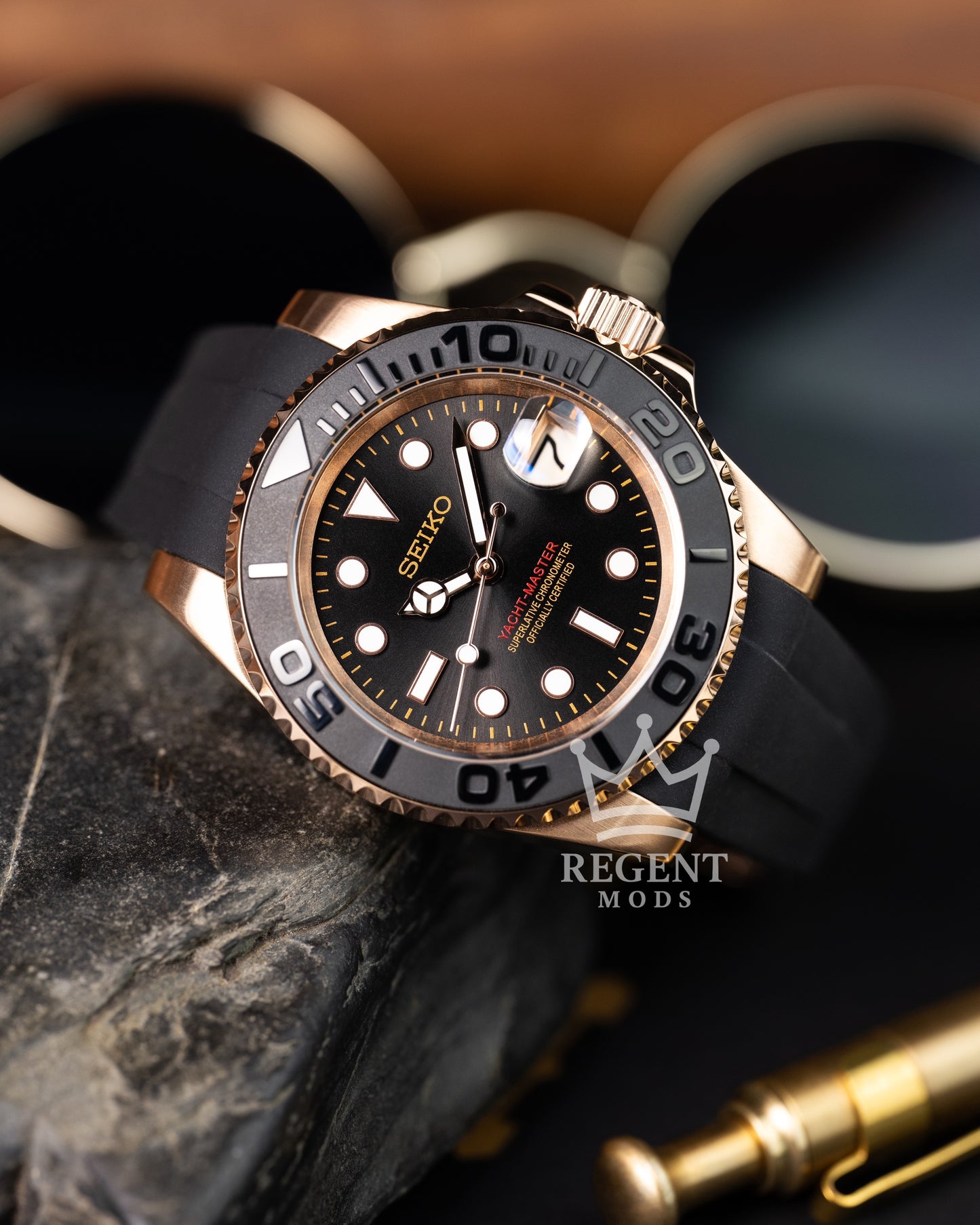 Seiko Mod Rose Gold Yacht Master Homage Black Dial Dive Watch With Cyclops Date
