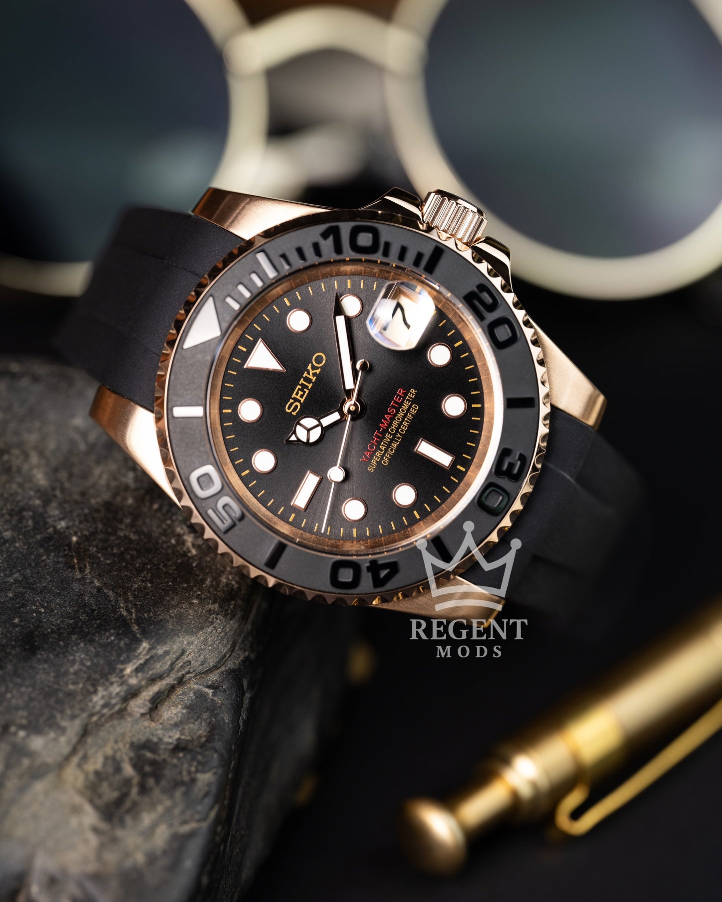 Seiko Mod Rose Gold Yacht Master Homage Black Dial Dive Watch With Cyclops Date