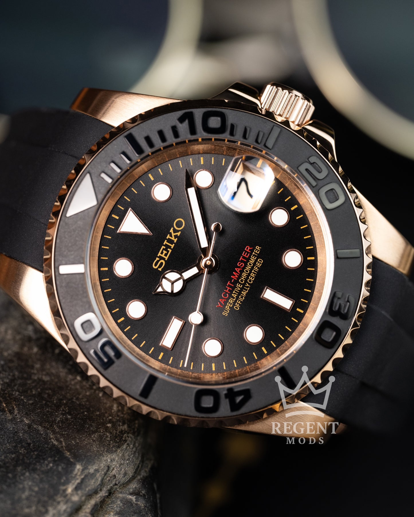 Seiko Mod Rose Gold Yacht Master Homage Black Dial Dive Watch With Cyclops Date