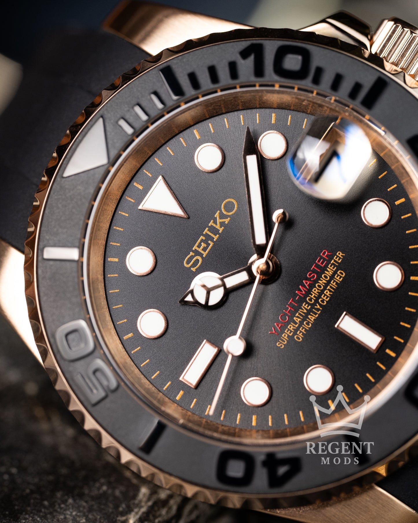Seiko Mod Rose Gold Yacht Master Homage Black Dial Dive Watch With Cyclops Date