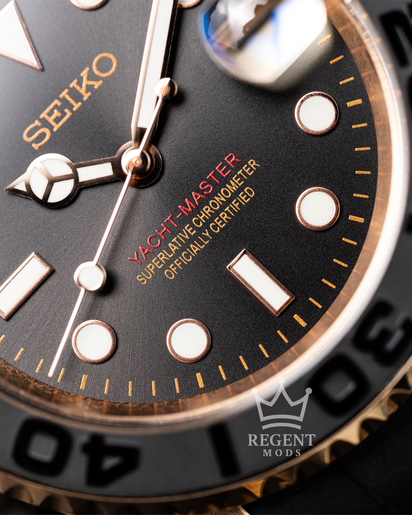 Seiko Mod Rose Gold Yacht Master Homage Black Dial Dive Watch With Cyclops Date