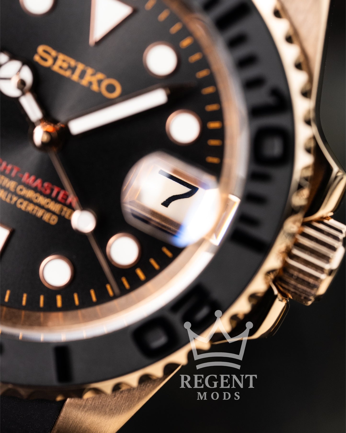 Seiko Mod Rose Gold Yacht Master Homage Black Dial Dive Watch With Cyclops Date