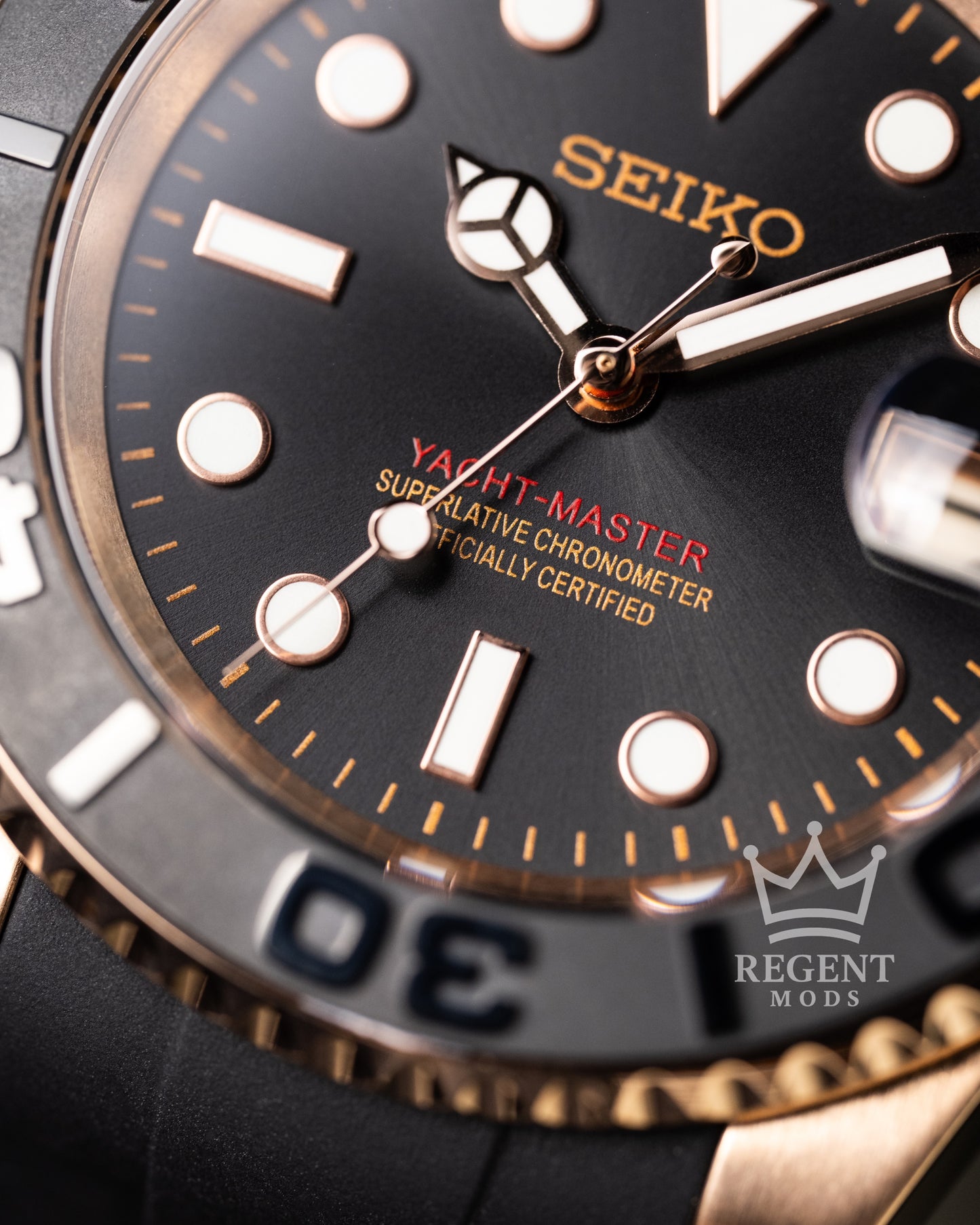 Seiko Mod Rose Gold Yacht Master Homage Black Dial Dive Watch With Cyclops Date