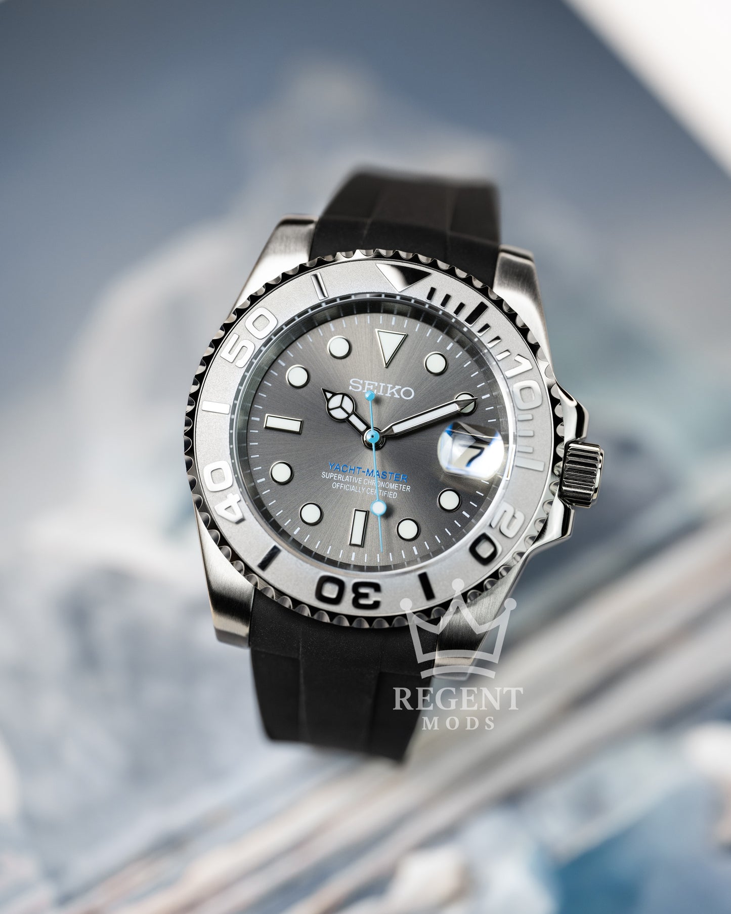 Seiko Mod Yacht-Master Homage On Wrist Rhodium Dial With Silver Bezel And Black Rubber Strap