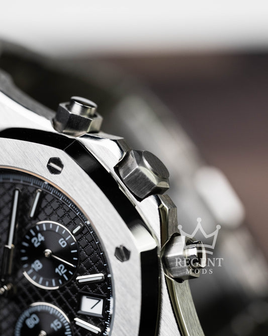 Seiko Mod AP Royal Oak Seikoak Chronograph With Black Tapisserie Waffle Dial And Stainless Steel Integrated Bracelet