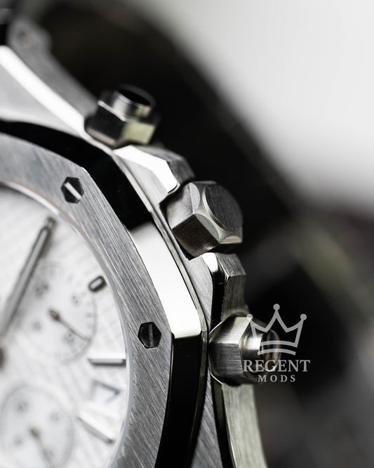 Seiko Mod AP Royal Oak Seikoak Chronograph With White Tapisserie Waffle Dial And Stainless Steel Integrated Bracelet