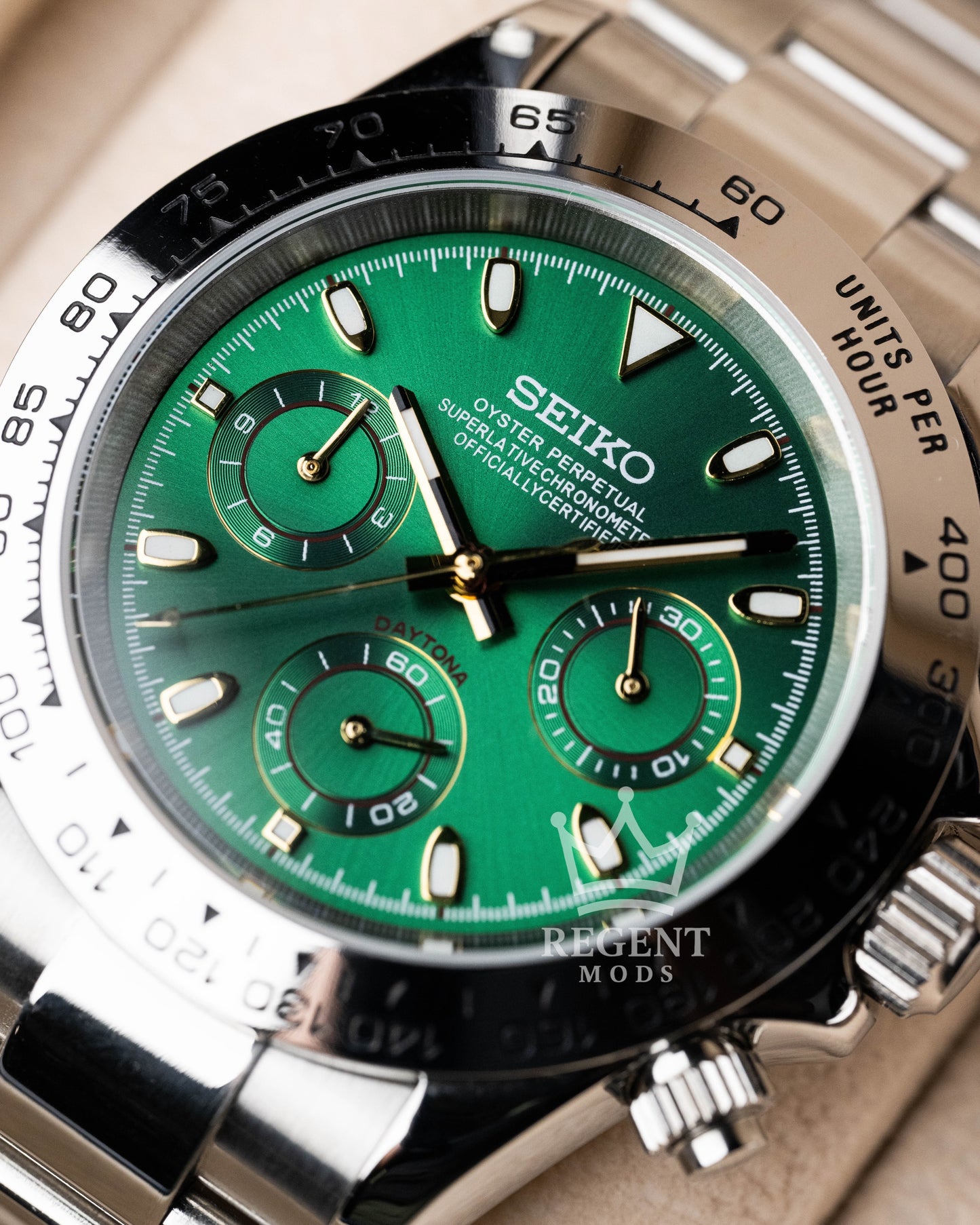 Seiko Mod Daytona Homage John Mayer Green Seitona Steel Chronograph With Stainless Steel Bracelet