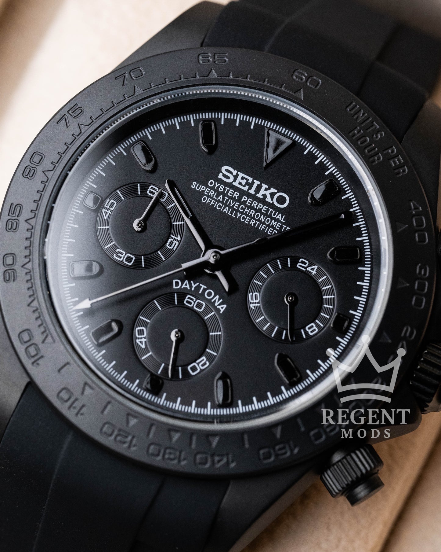 Seiko Mod Daytona Homage All Black Seitona Chronograph With Matte Black Dial And Rubber Strap