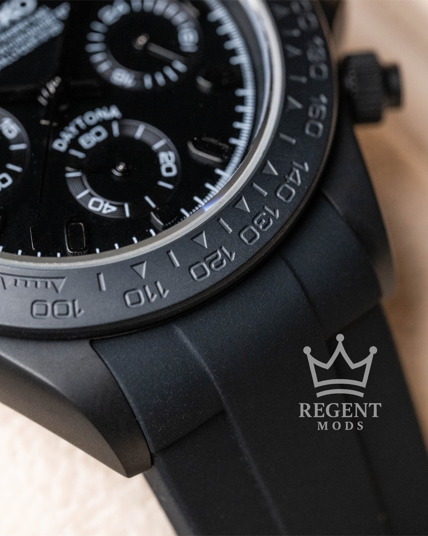 Seiko Mod Daytona Homage All Black Seitona Chronograph With Matte Black Dial And Rubber Strap