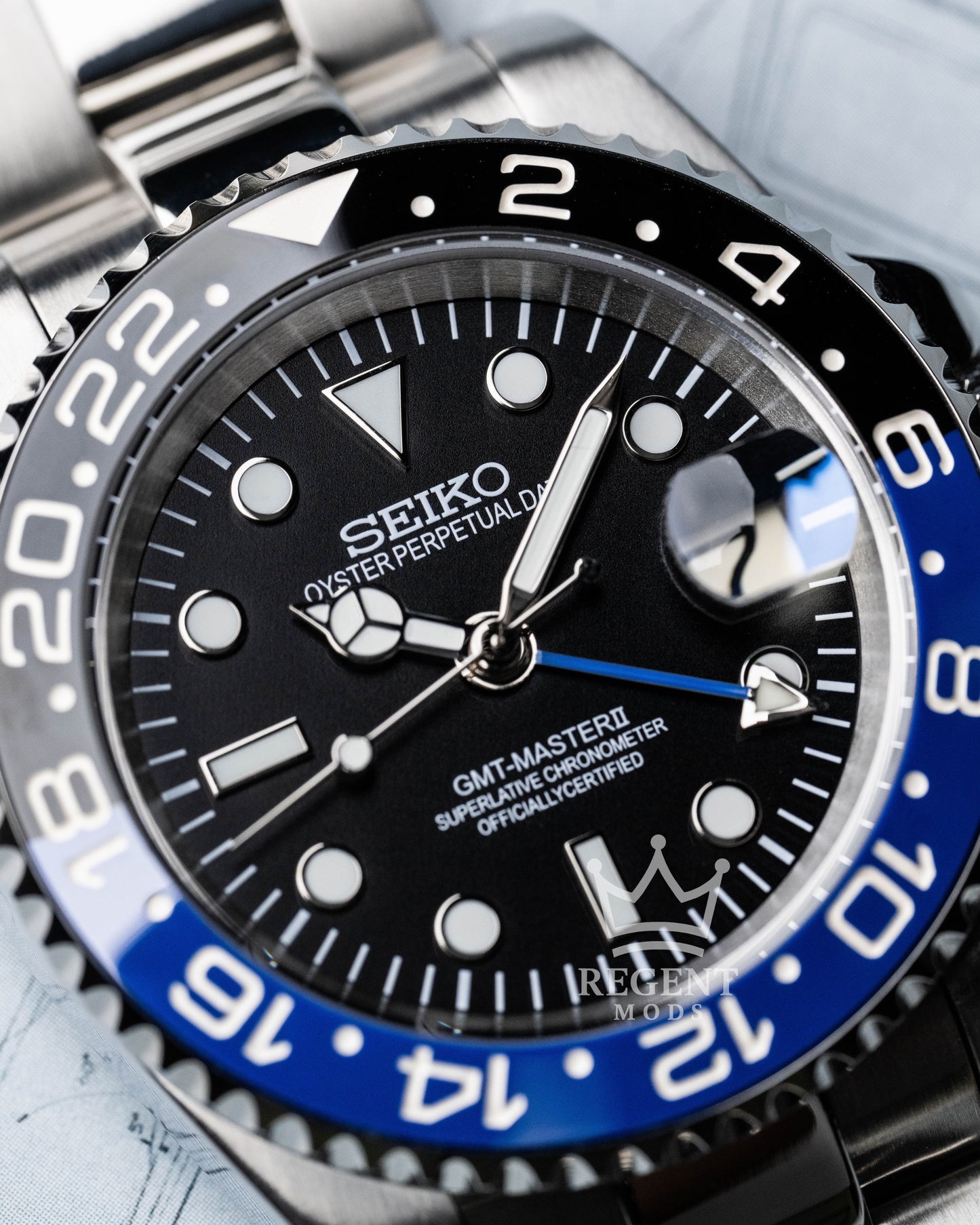 Seiko Mod GMT-Master II Batman With Black And Blue Ceramic Bezel On Oyster Bracelet