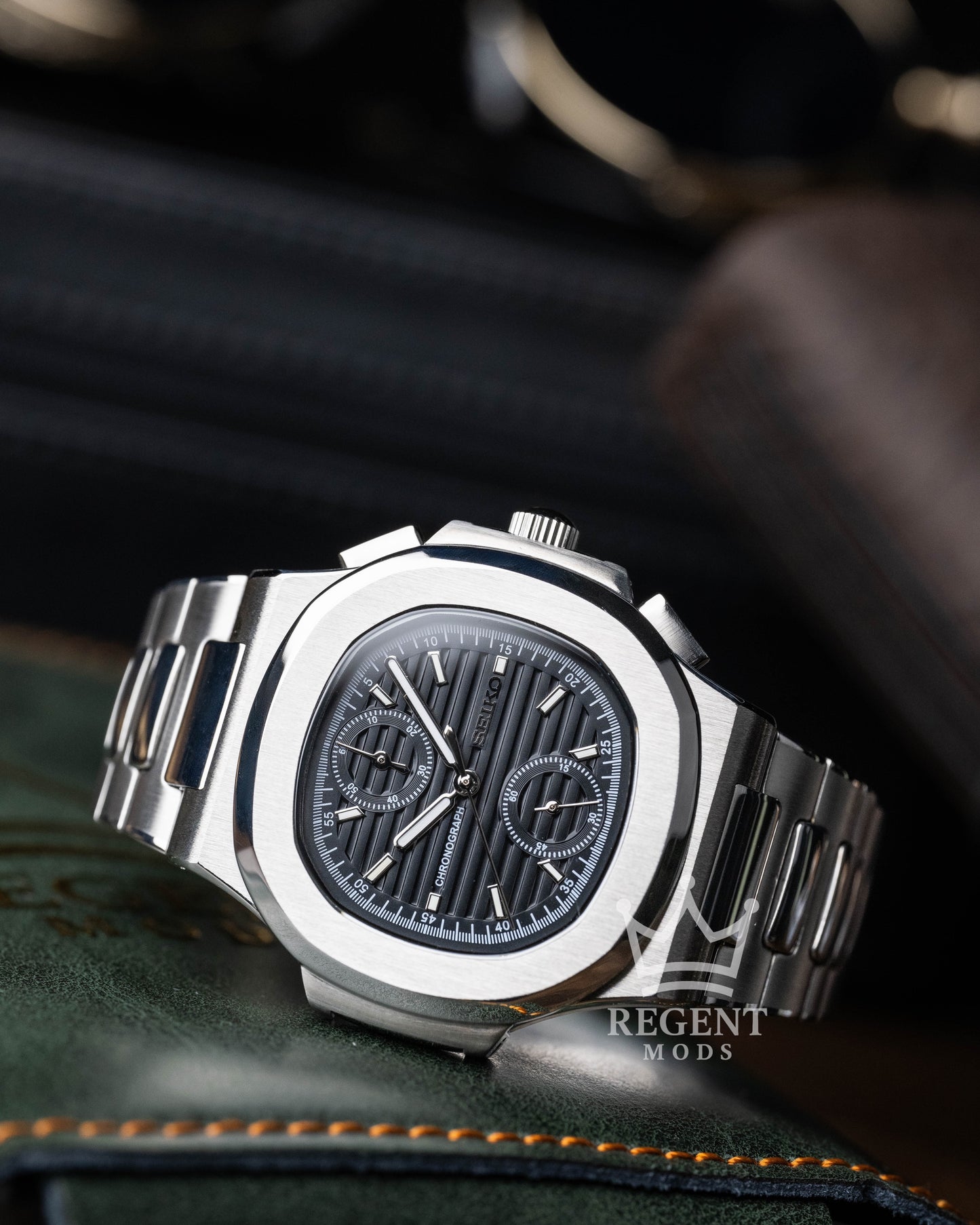 Seiko Mod Nautilus Homage Black Dial Seikonaut Chronograph With Brushed Steel Case And Integrated Bracelet