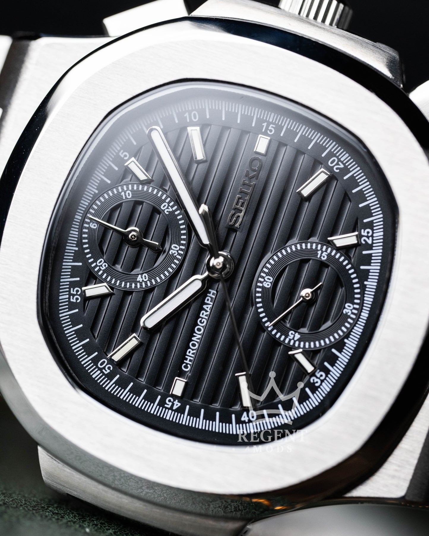 Seiko Mod Nautilus Homage Black Dial Seikonaut Chronograph With Brushed Steel Case And Integrated Bracelet