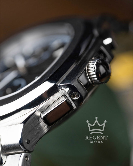 Seiko Mod Nautilus Homage Black Dial Seikonaut Chronograph With Brushed Steel Case And Integrated Bracelet