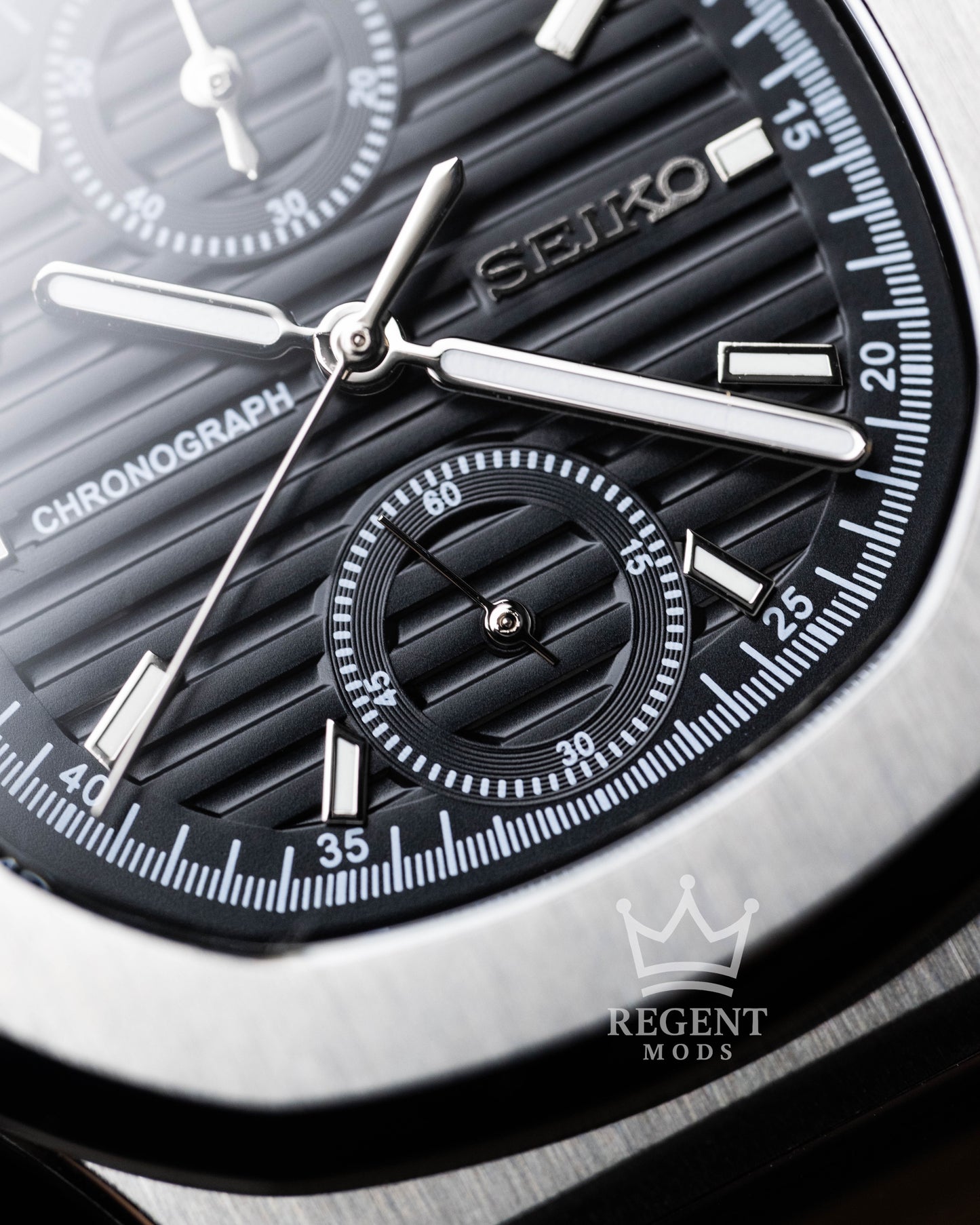Seiko Mod Nautilus Homage Black Dial Seikonaut Chronograph With Brushed Steel Case And Integrated Bracelet