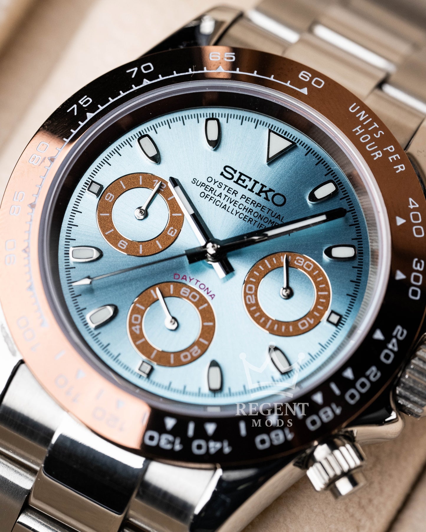 Seiko Mod Platinum Daytona Homage Seitona Chronograph With Light Blue Dial Brown Bezel