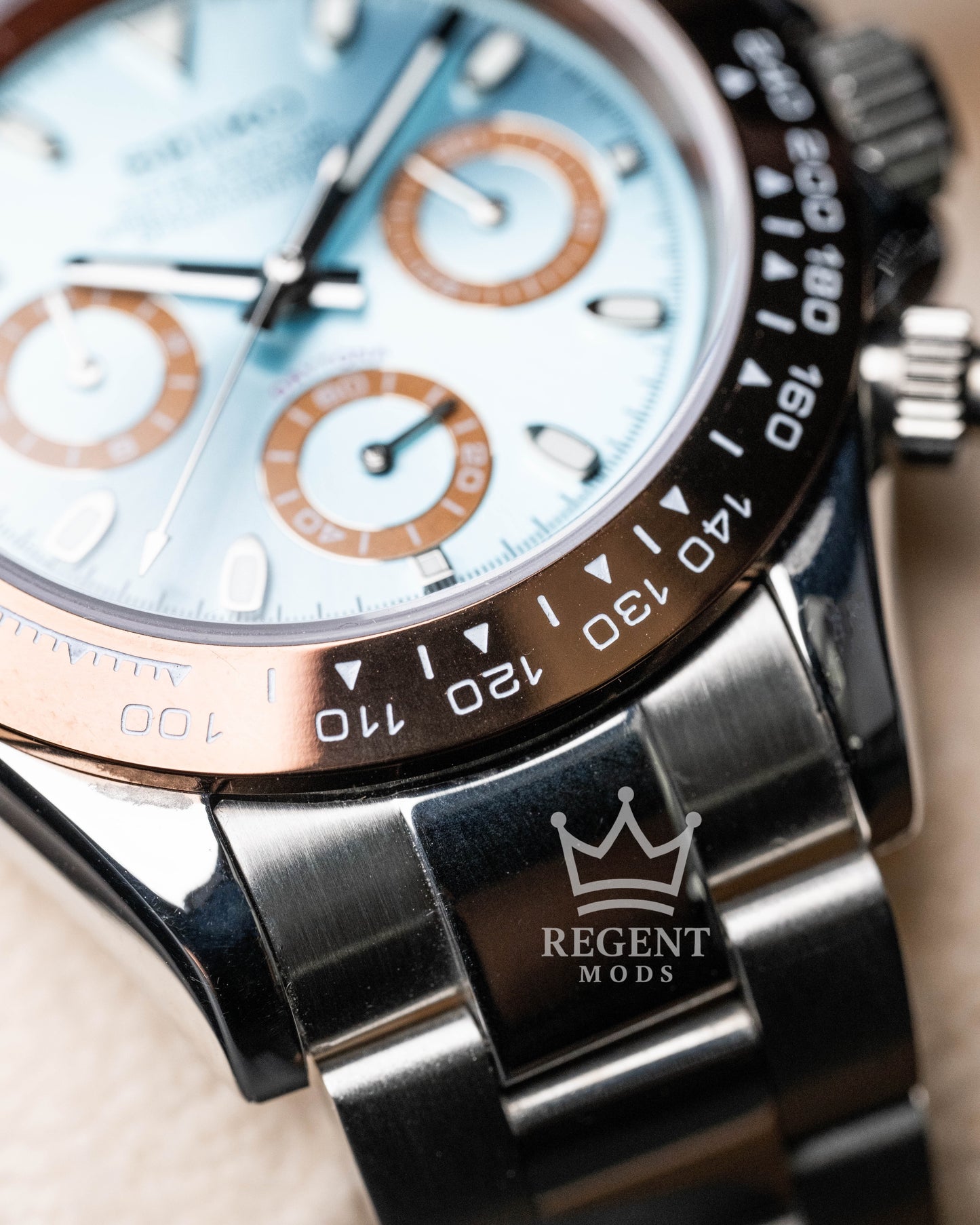 Seiko Mod Platinum Daytona Homage Seitona Chronograph With Light Blue Dial Brown Bezel