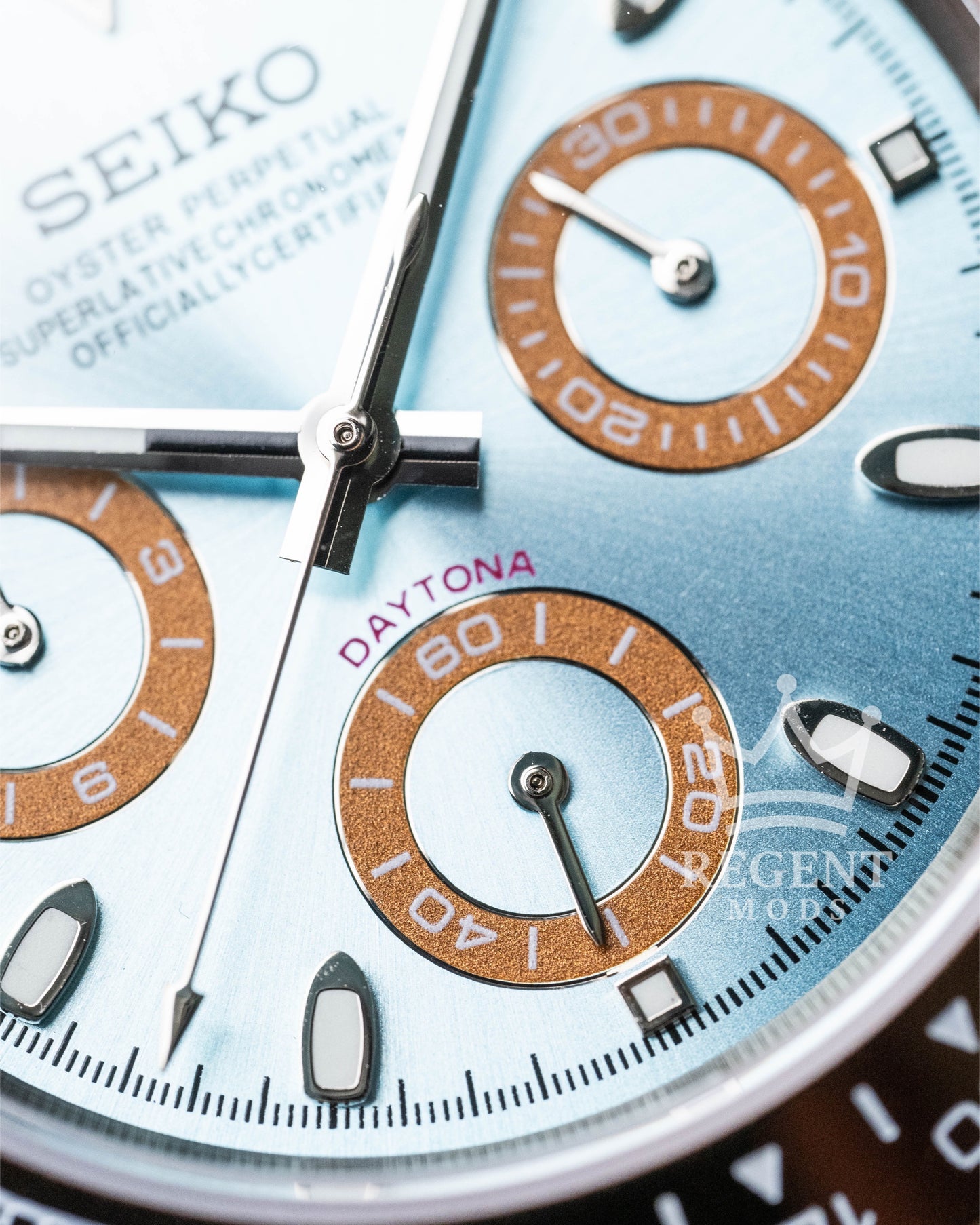 Seiko Mod Platinum Daytona Homage Seitona Chronograph With Light Blue Dial Brown Bezel