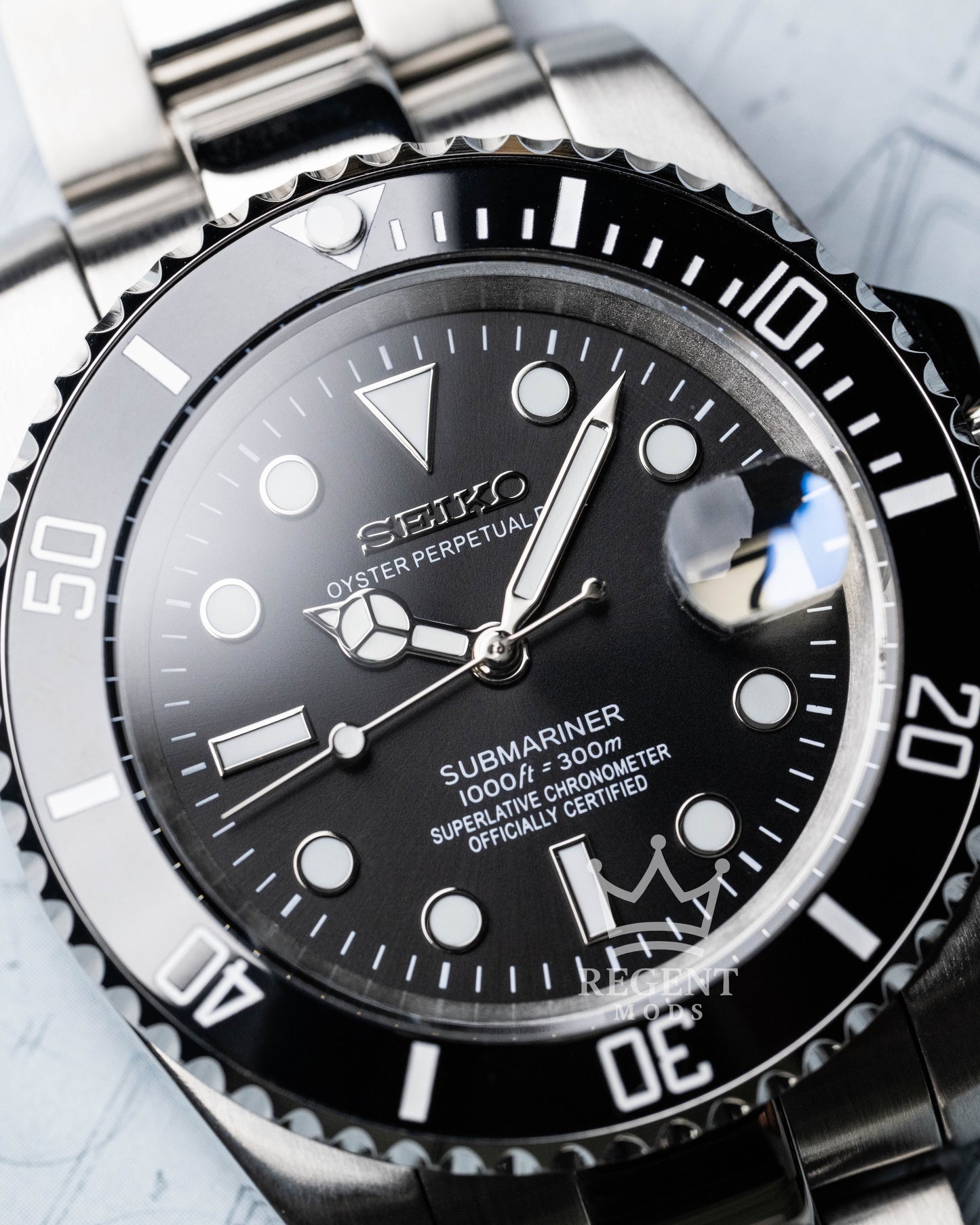 Seiko Mod Submariner With Black Bezel And Dial Automatic Diver On Brushed Oyster Bracelet