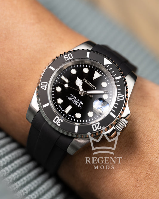 Black Seiko Mod Submariner Worn On Wrist With Rubber Strap