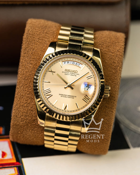 Custom Full Gold Seiko Day-Date Mod Featuring Champagne Dial Roman Numeral Markers Fluted Bezel And Classic President Bracelet