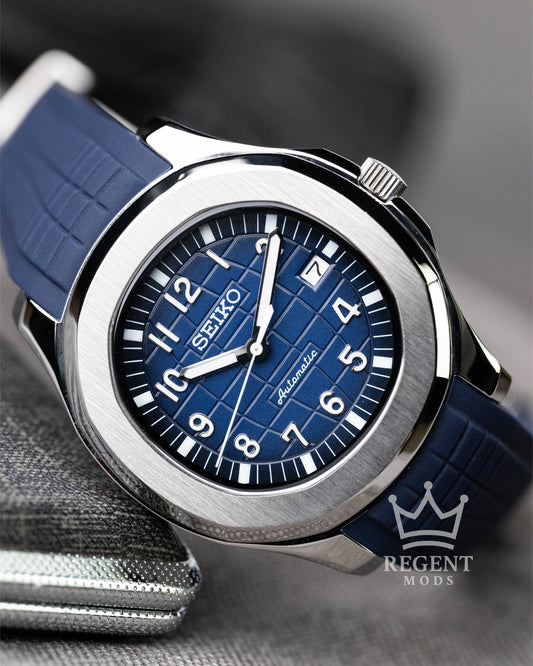 Custom Seiko Mod Aquanaut Nautilus With Blue Dial Waffle Textured Face And Brushed Steel Bezel On Rubber Strap