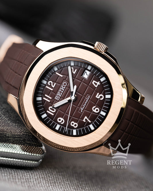 Custom Seiko Mod Aquanaut Nautilus With Brown Dial Waffle Textured Face And Brushed Rose Gold Case On Brown Rubber Strap