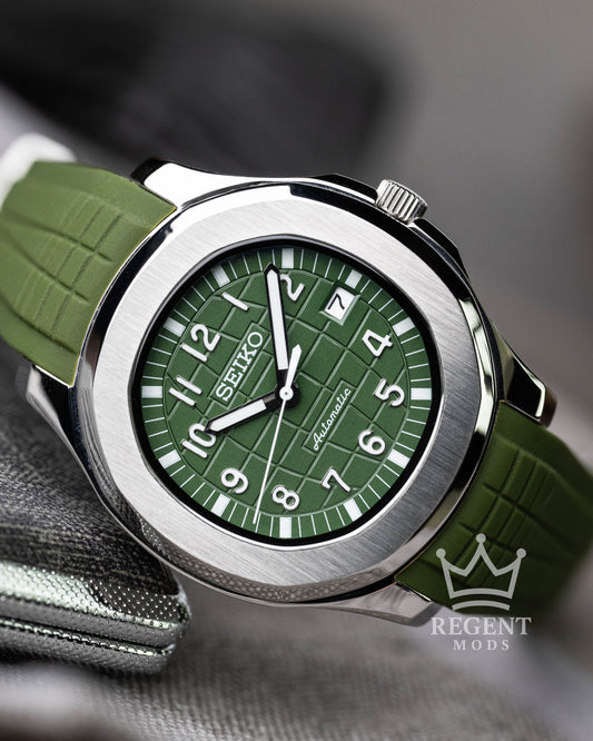 Custom Seiko Mod Aquanaut Nautilus With Green Dial Waffle Textured Face And Brushed Steel Bezel On Green Olive Rubber Strap