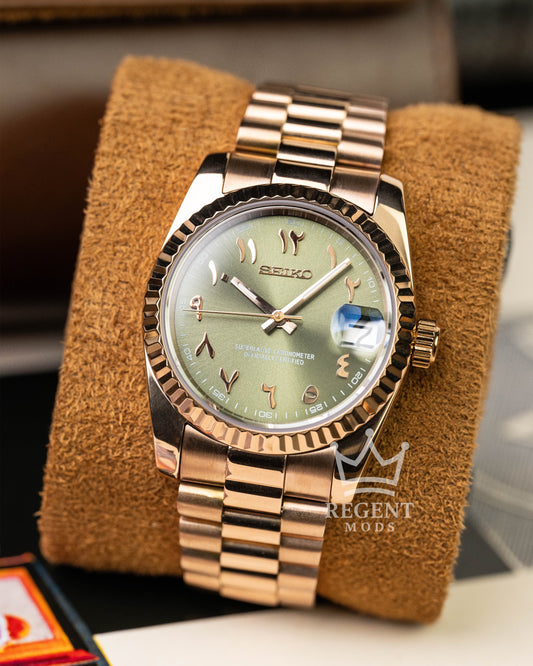 Custom Seiko Mod Datejust With Olive Green Sunburst Dial Arabic Numerals Fluted Bezel And Rosegold President Bracelet And Case