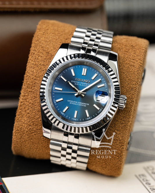 Custom Seiko Mod Datejust With Sunburst Blue Dial Fluted Bezel Jubilee Bracelet And Cyclops Magnifier