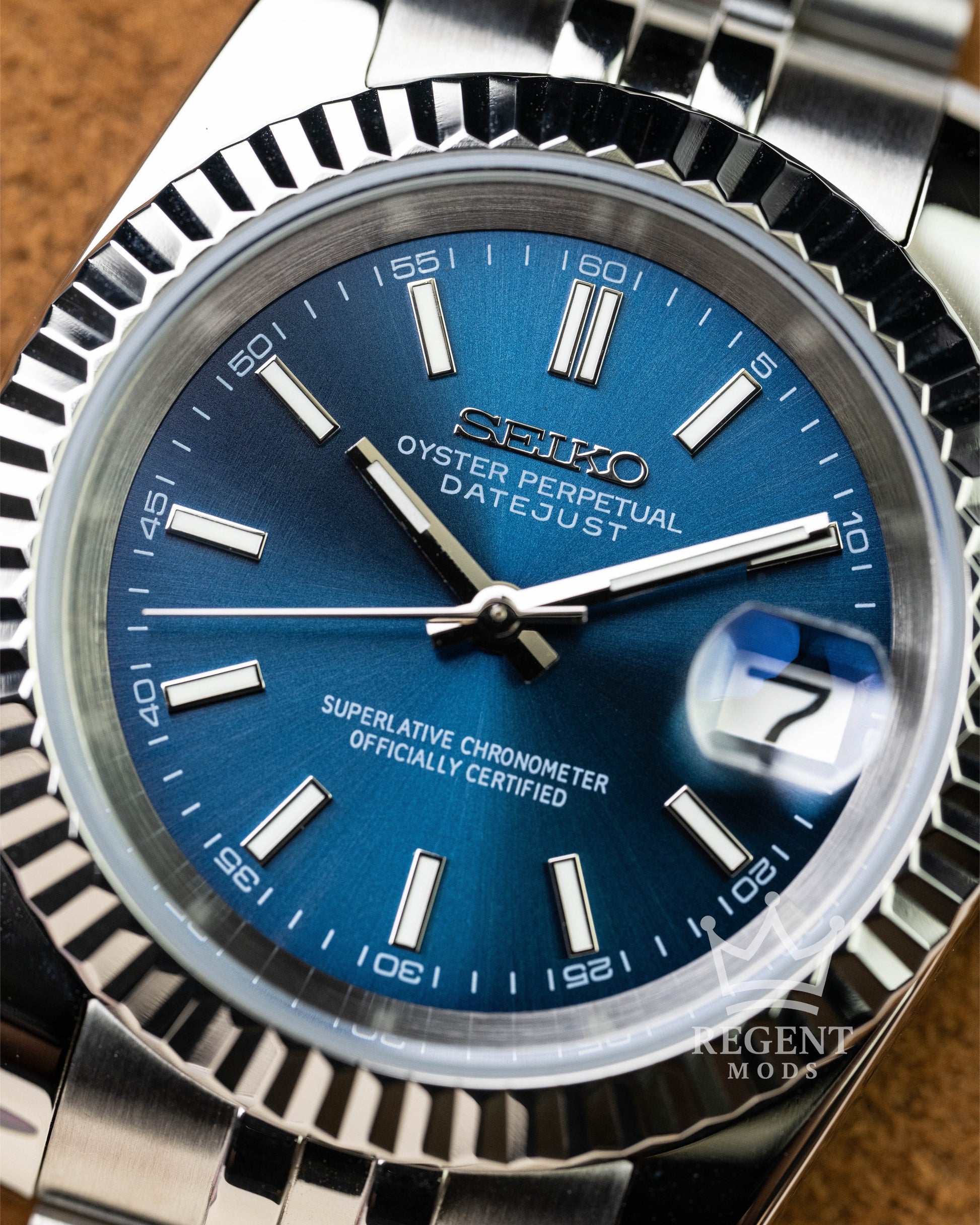Custom Seiko Mod Datejust With Sunburst Blue Dial Fluted Bezel Jubilee Bracelet And Cyclops Magnifier