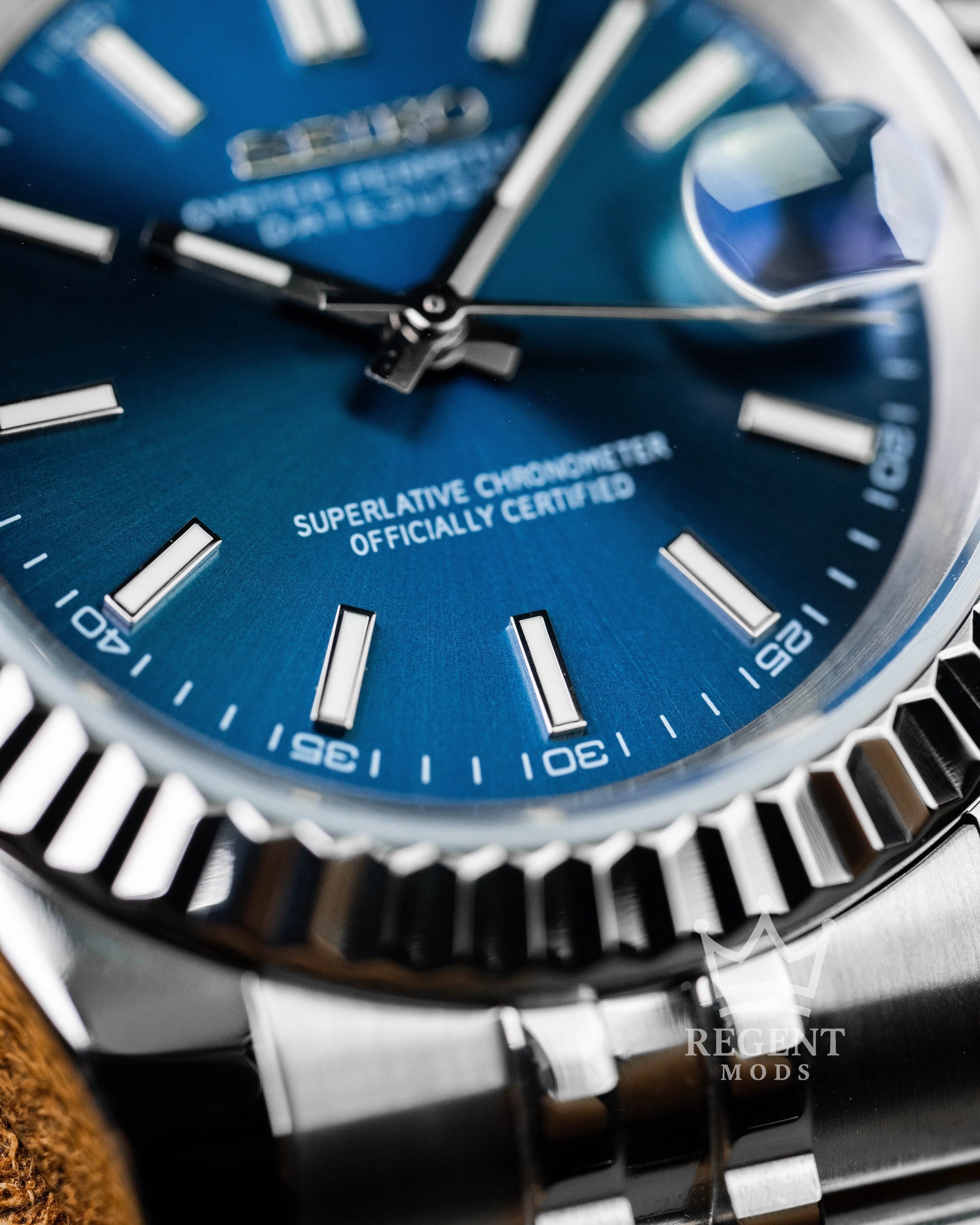 Custom Seiko Mod Datejust With Sunburst Blue Dial Fluted Bezel Jubilee Bracelet And Cyclops Magnifier