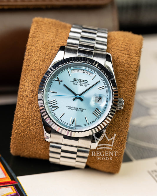 Custom Seiko Day-Date Mod With Tiffany Platinum Blue Dial Roman Numerals Fluted Bezel And Jubilee Bracelet In Stainless Steel