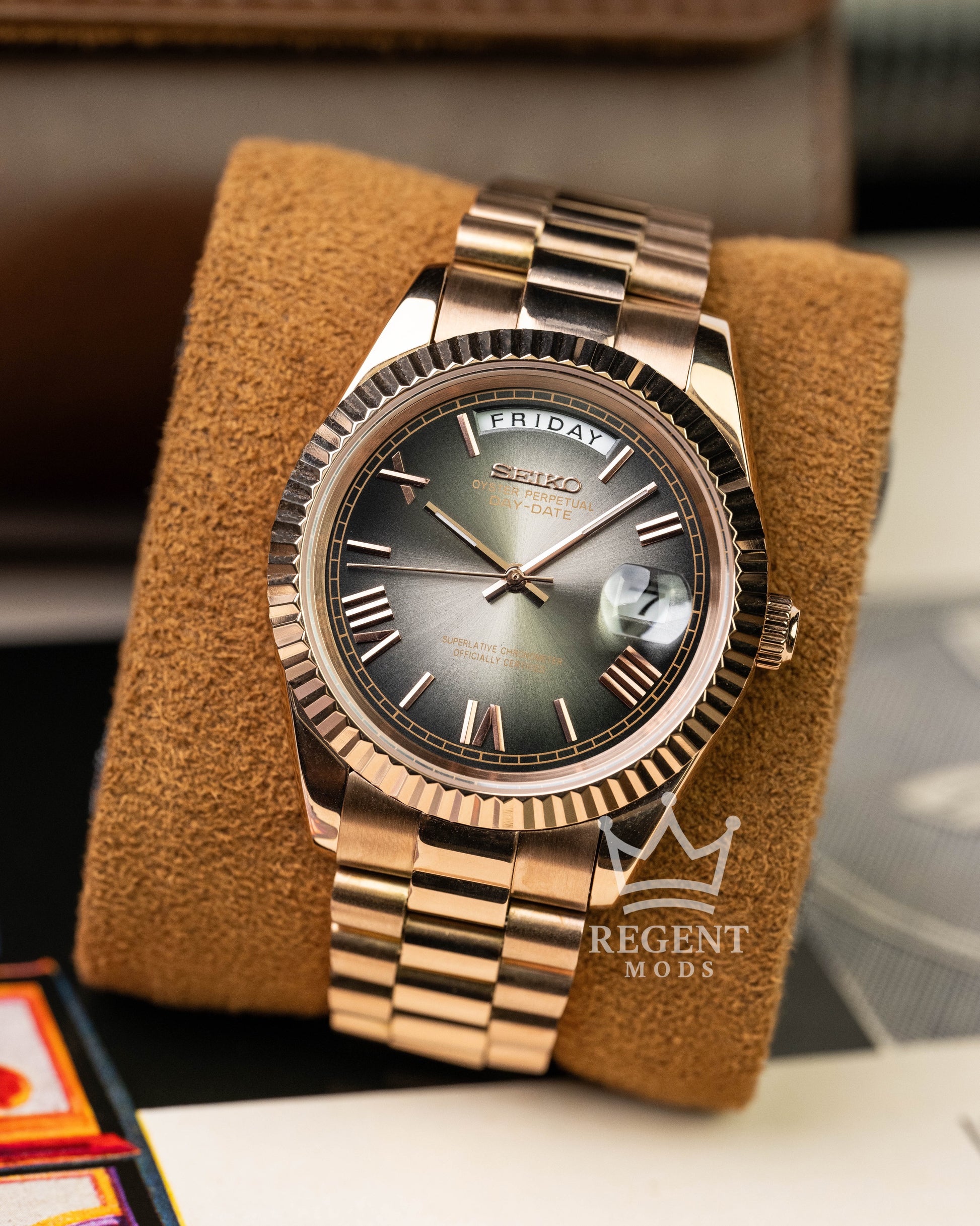 Custom Seiko Day-Date Mod With Rose Gold Case Gradient Black Slate Ombre Dial Roman Numerals Fluted Bezel And President Bracelet