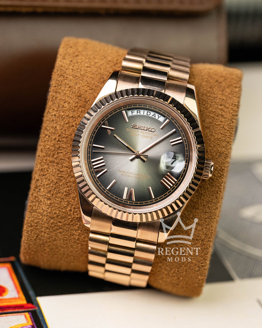 Custom Seiko Day-Date Mod With Rose Gold Case Gradient Black Slate Ombre Dial Roman Numerals Fluted Bezel And President Bracelet