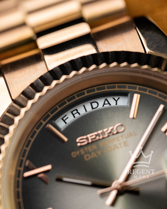 Custom Seiko Day-Date Mod With Rose Gold Case Gradient Black Slate Ombre Dial Roman Numerals Fluted Bezel And President Bracelet