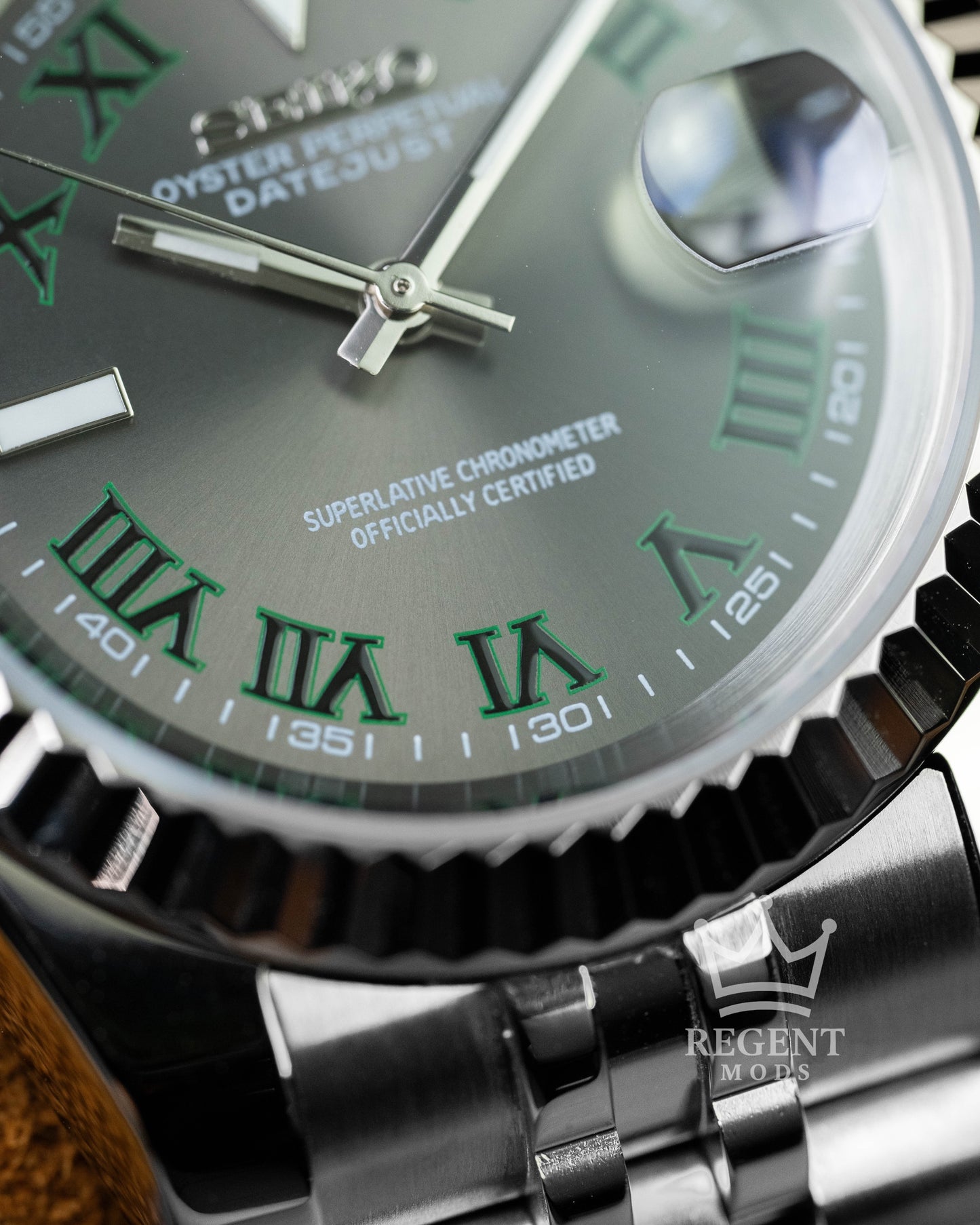 Custom Seiko Mod Wimbledon Datejust With Slate Grey Dial Green Roman Numerals Jubilee Bracelet And Fluted Bezel