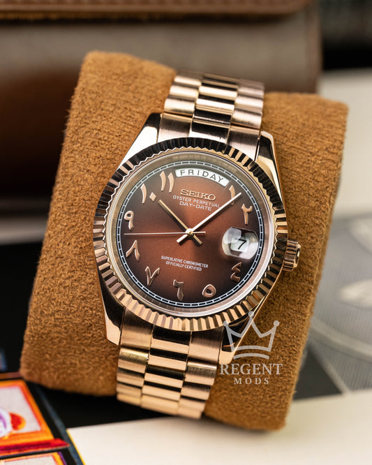 Custom Rose Gold Seiko Day-Date Mod With Sunburst Brown Chocolate Dial Arabic Numeral Indices Fluted Bezel And President Bracelet