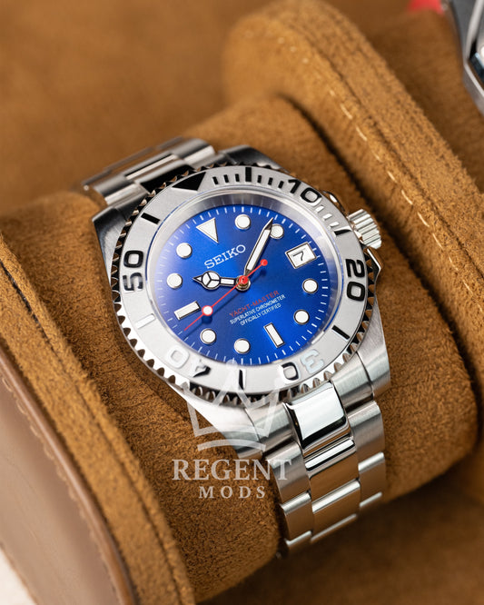 Seiko Mod Blue Red Yacht Master Homage Blue Dial Dive Watch With Date