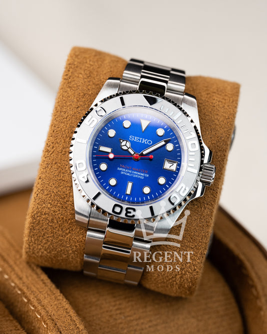 Seiko Mod Blue Red Yacht Master Homage Blue Dial Dive Watch With Date