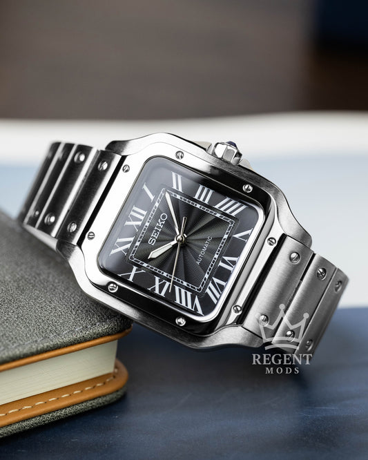 Seiko Mod Cartier Santos Custom Steel Square Case With Black Guilloche Dial Roman Numerals
