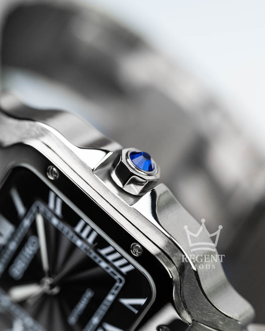 Seiko Mod Cartier Santos Custom Steel Square Case With Black Guilloche Dial Roman Numerals