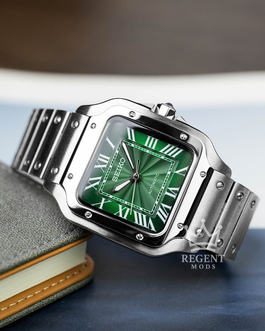 Seiko Mod Cartier Santos Custom Steel Square Case With Green Guilloche Dial Roman Numerals
