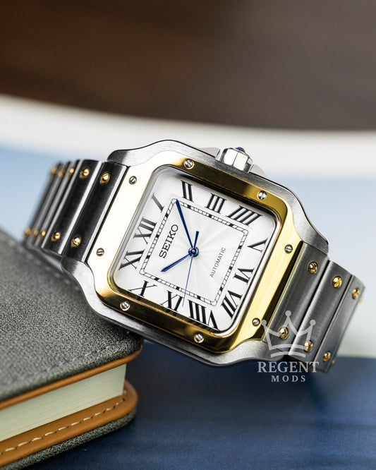 Seiko Mod Cartier Santos Two-Toned Custom Steel Gold Square Case With White Guilloche Dial Blue Hands Roman Numerals