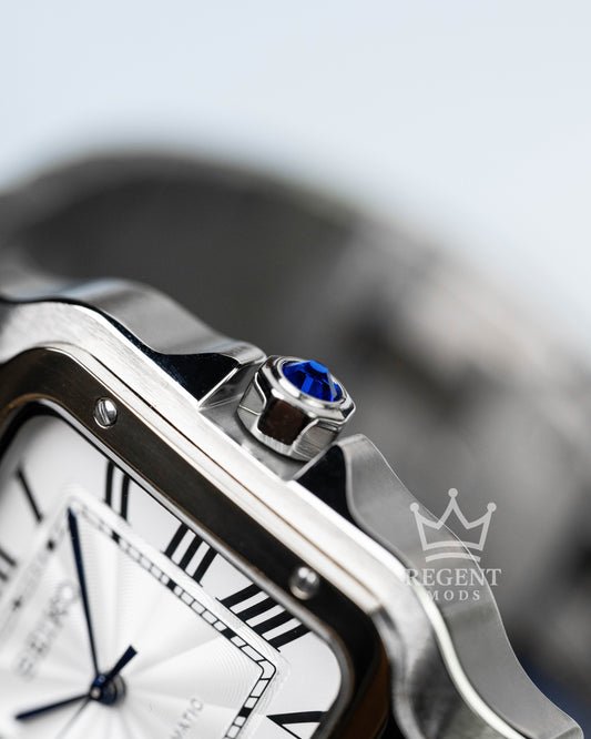 Seiko Mod Cartier Santos Two-Toned Custom Steel Gold Square Case With White Guilloche Dial Blue Hands Roman Numerals