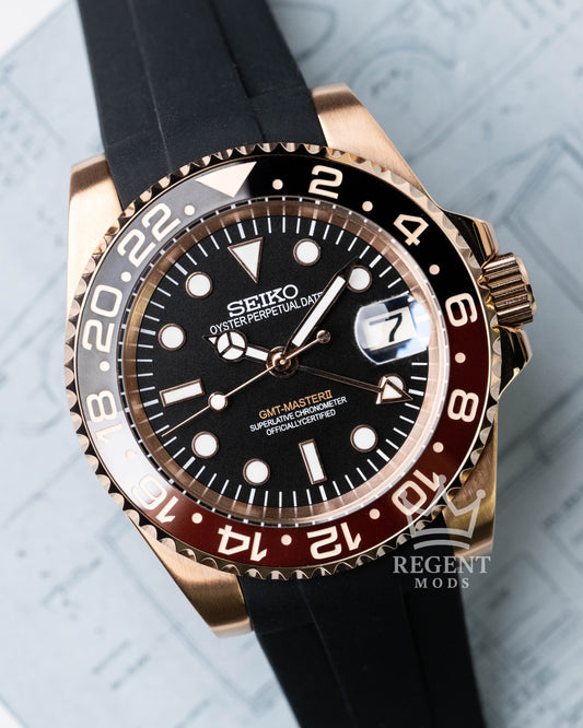 Seiko GMT-Master II Rootbeer Mod With Rose Gold Case, Black Dial, And Rubber Strap