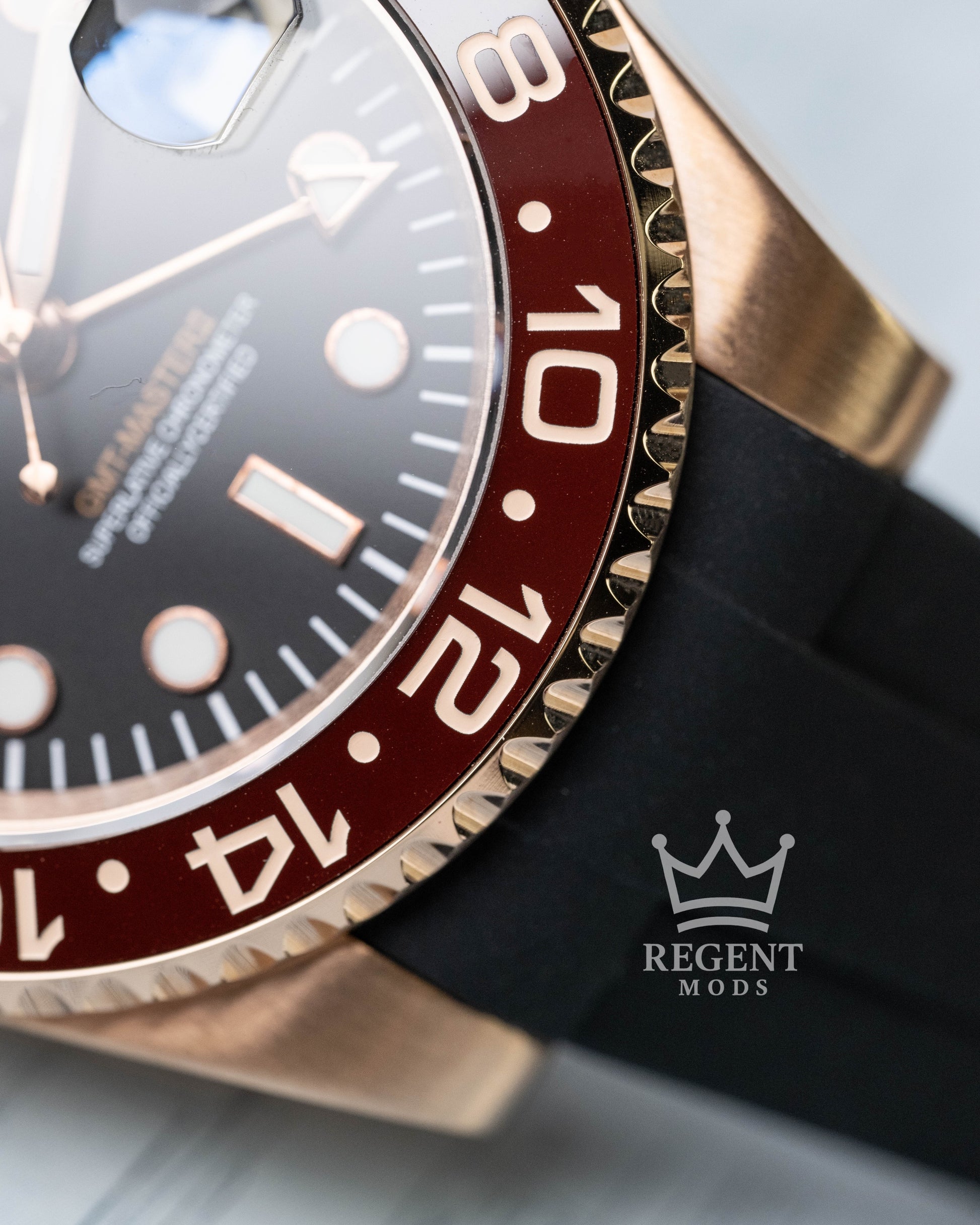 Seiko GMT-Master II Rootbeer Mod With Rose Gold Case, Black Dial, And Rubber Strap