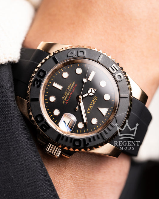 Seiko Mod Rose Gold Yacht Master Homage On Wrist Black Dial With Black Bezel And Black Rubber Strap